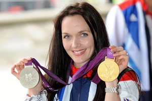 Olympic cycling gold medallist Victoria Pendleton poses with London 2012 medals (Getty Images)